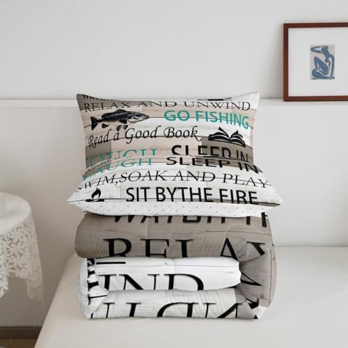 Lake House Bedding Set Full Size,Fishing and Boating Comforter Set 3pcs Kids Teens Boys Men Bedroom Decor Rustic Farmhouse Wood Quilted Duvet Outdoor Adventure Camper Duvet Insert,2 Pillowcases