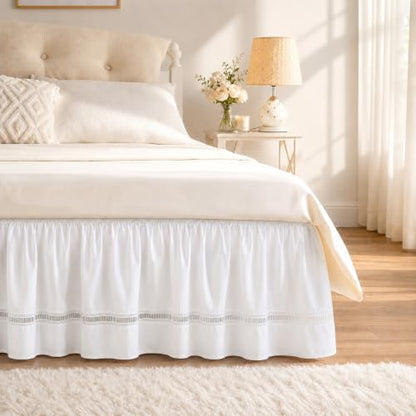 Ruffled Lace Bed Skirt King 15" Drop, Elastic Wrap Around Bedskirt
