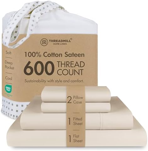 Threadmill 600 Thread Count Cotton King Sheet Set, Sateen, Beige, 4-Piece