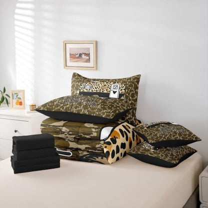 Erosebridal Happy Camping 7 Piece Comforter Set King Army Green Camouflage Bedding Set for Boys Girls Leopard Print Camper Car Sheet Set with Comforter Military Camo Cheetah Pattern Wild Duvet Insert