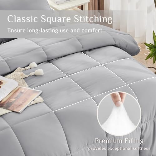 JOLLYVOGUE Queen Comforter Set, Ultra-Soft Bed in a Bag Queen Size 7 Pieces, Oeko-TEX Certified Bedding Set with Down Alternative Comforter, Sheets, Pillowcases & Shams, Light Grey