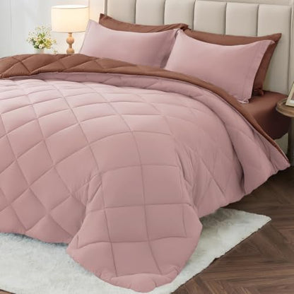 MUXHOMO 5 Pieces Twin Comforter Set, Reversible Bed in a Bag Twin Size, All Season Bedding Set with Comforter, Flat Sheet, Fitted Sheet, Pillowcases & Shams, Rose Gold & Mocha