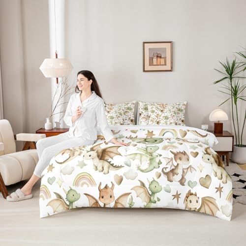 Erosebridal 7 Piece Dragon Comforter Set King Size | Nursery Green Brown Dragons Bedding Set Kids Boys Girls Cartoon Animals Comforter with Sheets Stars Rainbow Heart Pattern Quilt Soft Warm