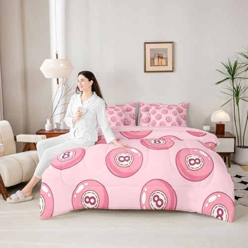 Erosebridal Pink Lucky 8 Ball Full Bedding Set 7 Piece for Girls Room Decor,Fashion Trendy Y2K Comforter Set for Kids Teen Adults,Girly Coquette Preppy Bed in A Bag Aesthetic Funky Y2K Bed Set