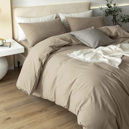 JIYUAN Full Washed Cotton Duvet Cover Set, 3-Piece, Relaxed Linen Feel