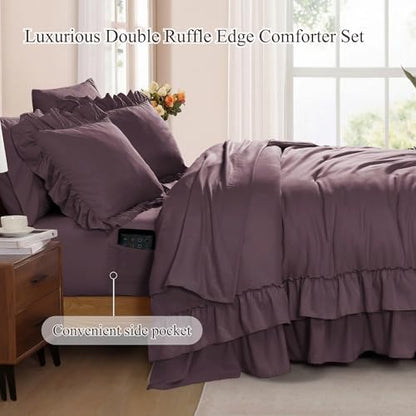 California King Comforter Set Dark Purple Ruffle 7 Pieces Bed in a Bag