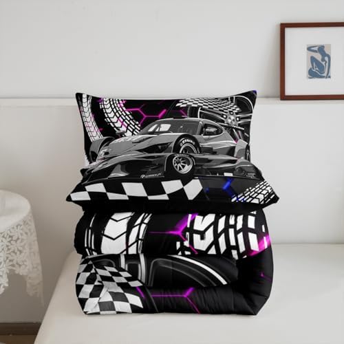 Race Cars Toddler Bedding Sets for Boys,Blue Purple Neon Lights Honeycomb Bedding Set for Boys Cool Sports Car Beehive Geometric Hexagon Comforter Set,Black White Grid Quilt Buffalo Plaid Decor