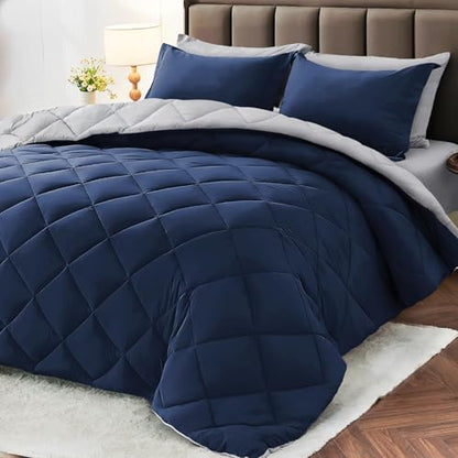 MUXHOMO 5 Pieces Twin Comforter Set, Reversible Bed in a Bag Twin Size, All Season Bedding Set with Comforter, Flat Sheet, Fitted Sheet, Pillowcases & Shams, Navy & Light Grey