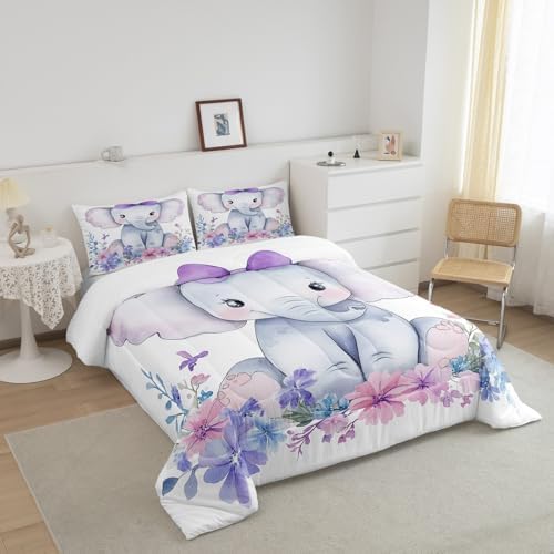 Kids Elephant Bedding Set Cute Animal Comforter Set Full For Girls Boys Kawaii Room Decor, Flower Branches Duvet Sets Cartoon Elephant With Floral Down Comforter With 2 Pillow Cases, Purple Blue