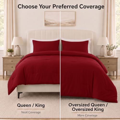 CozyLux Oversized King Comforter Set, 3 Pieces Dark Red Quilted Bedding