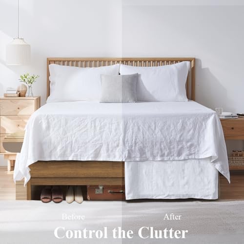 FALUCA 14-Inch 100% Linen Bed Skirt with Classic Tailored Drop Natural French Flax Dust Ruffle Cozy Soft Breathable Farmhouse Bedding (14" King, White)