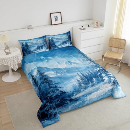 Snow Scenery Woodland Comforter Set King Size,Pine Tree Winter Theme Bedding Set for Kids Boys Girls Room Decor,Snowmountain Nature Scenery Duvet Insert 3Pcs,Rustic Style Quilt Set,2 Pillowcases