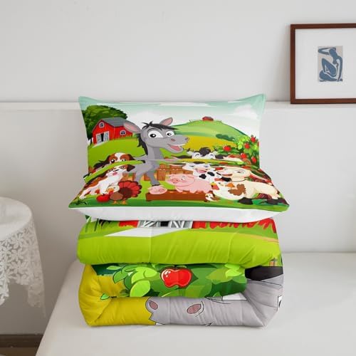 Cute Farm Animals Bedding Set Kids Cartoon Pig Dog Cow Horse Comforter Set Boys Girls Toddler Nature Country Style Comforter Farmhouse Rustic Duvet Set Colorful Bedroom Decor Quilt Set Toddler Size