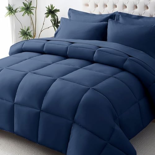 JOLLYVOGUE California King Comforter Set, Ultra-Soft Bed in a Bag Cal King Size 7 Pieces, Oeko-TEX Certified Bedding Set with Down Alternative Comforter, Sheets, Pillowcases & Shams, Navy