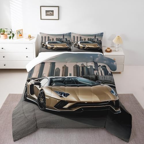 Feelyou Race Car Comforter Set Sports Bedding Set for Kids Galaxy Speed Racing Car Design Automobile Quilt Room Decor 3Pcs Queen Size