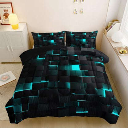 Nttopship Neon Turquoise Black Comforter Set Full Geometric Kids Bedding Set,3 PCS Geometry Honeycomb Bed Set Modern Quilt Set 1 Comforter 2 Pillow Cases Cool Room Decor All Season B-Side Black