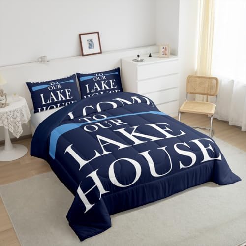 Lake House Comforter Set King Size, Blue Paddle Lake Camper Bedding Set 3pcs, Rustic Farmhouse Lake Life Navy Blue Down Comforter for All Season, Kids Boy Girl Room Decor, 2 Pillowcases, No Sheets