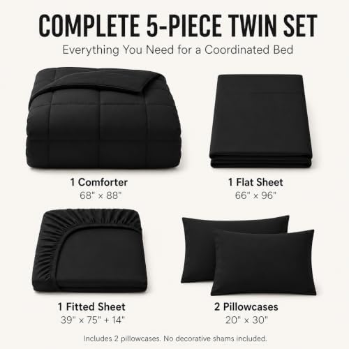 CozyLux Twin Comforter Set Black - 5 Pieces Bed in a Bag