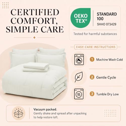 CozyLux King Size Comforter Set Ivory, 7 Pieces Bed in a Bag