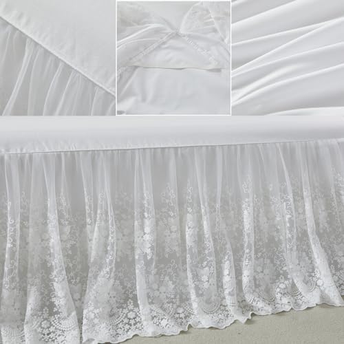 Brandream Luxury White Lace Bed Skirt 18 Inch Drop King Size Split Corners