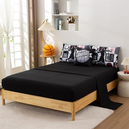 Aimuan Basketball Bedding Set for Boys Kids Teens, Soft Black and Red Sports Geometric Grid Patchwork Theme Basketball Bedding Sets Full Size, Black