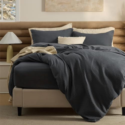 Bedsure PureWoven Cotton Waffle Duvet Cover Set with Fitted Sheet, Queen