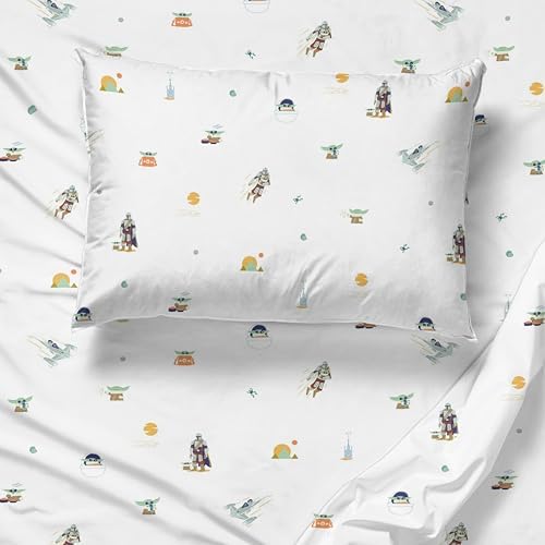 Sunny Side Up Kids Sheet Set with Fitted, Flat Sheets & Pillow Cover - Ultra-Soft Bedding with Pillowcase for Room Decor, White - Star Wars Mandalorian, 4 Piece Full