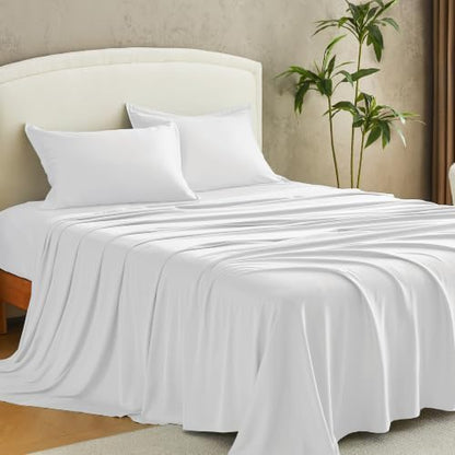 Andency Sateen Sheets Set, 100% Viscose Derived from Bamboo, Hotel Luxury Silky & Cooling for Hot Sleepers, Deep Pocket Up to 16", White King