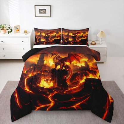 Feelyou Dragon Kids Comforter Set Full Size Flame Dragon Bedding Set Fantasy Animal Duvet Quilt for Kids Boys Girls Bedroom Magical Beast Decor Wild Animal Microfiber Ultra Soft Breathable