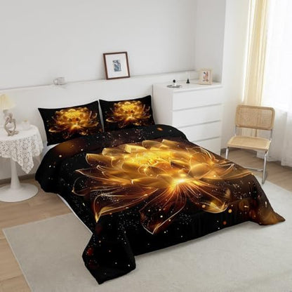 jejeloiu Golden Black Comforter Set Twin Size Kids Golden Lotus Flower Bedding Set for Boys Girls Teens Zen Spa Duvet Breathable Floral Quilt Bedroom Decor,1 Comforter with 1 Pillowcase