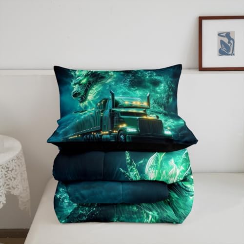 Western Dragon Kids Comforter Set Twin Size,Truck Vehicle Car Smoke Trippy Bedding Set,Girls Boys Room Decor,Chinese Dragon Magical Quilt Comforter,Black Retro Duvet Insert,1 Pillowcase