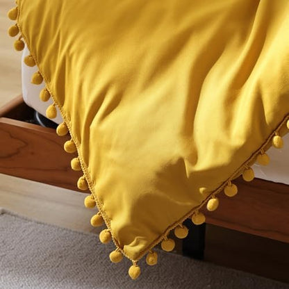 YIRDDEO King Size Comforter Set, Mustard Yellow Pom Fringe Bedding 3 Pcs