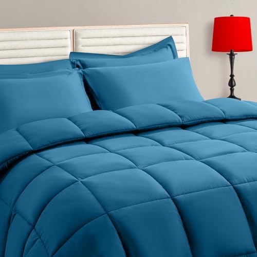 TAIMIT Teal Twin Size Comforter Set - 5 Pieces, Bed in a Bag Bedding Sets with All Season Soft Quilted Warm Fluffy Reversible Comforter,Flat Sheet,Fitted Sheet,1 Pillow Shams,1 Pillowcases