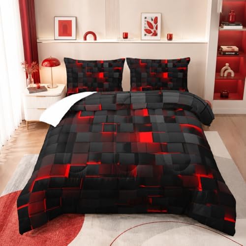 Geometric Red Black Comforter Set,Light Honeycomb 3 Piece Bedding Set King Size for Teen Boys,Modern Bedding Quilt Set Geometry Decor,Microfiber Lightweight 1 Comforter 2 Pillowcases All Season