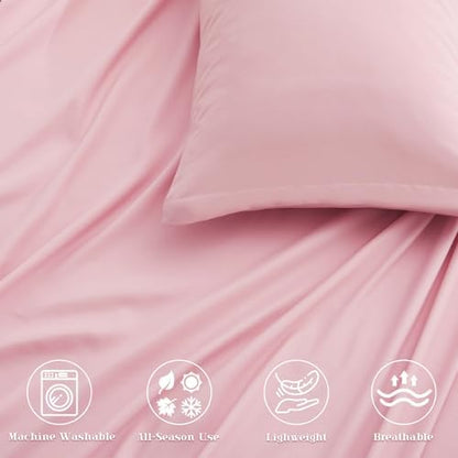 P Pothuiny 5-Piece Split King Sheets Set, Pink Soft Microfiber Fabric