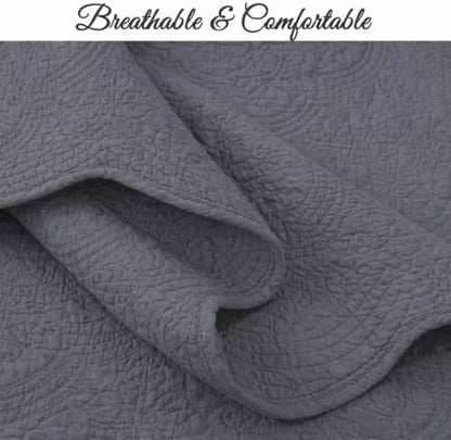 Cozy Line Home Fashions Charcoal Gray Cotton Quilt Set – 3-Piece Solid Textured Quilted Bedspread with Shams, Lightweight All Season Modern Bedding (Blantyre - Grey, Queen - 3 piece)