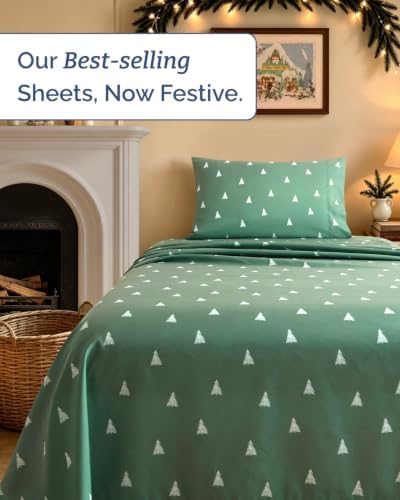 Christmas Sheet Set, Sage Pine Trees, Holiday Xmas Bedding Set - Twin XL