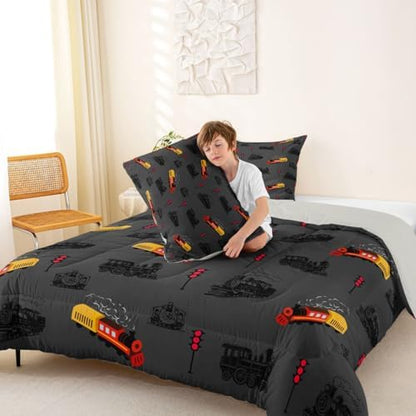 Feelyou Vintage Retro Train Comforter Set King Size Steam Locomotive Down Bedding Set for Kids Boys Girls Transportation Vehicles Duvet Quilt Bedroom Decor Microfiber 3 Pcs with 2 Pillow Cases