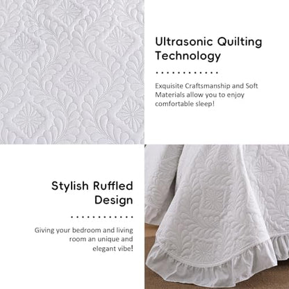 DJY Queen Size Quilt Sets, White Bedspreads, Ruffled Bedding Set