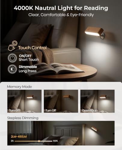 Wood Wall Sconce, Rechargeable Reading Light Magnetic Bedside Lamp