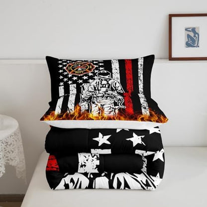 Homewish Vintage American Flag Comforter Set Full Size,Firefighter Silhouette Bedding Set for Kids Boys Men Teens,3D Flaming Red Black White Stars Striped Quilt Set Fire Equipment Duvet Insert 3Pcs