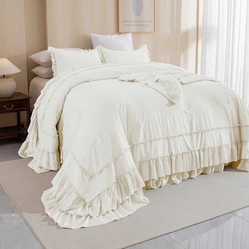 Masaca Oversized King Comforter 128x120,Farmhouse Shabby Boho Chic Ruffled Bedding Comforter Set,3Pcs Ivory Ruffle Extra Large King Size Comforter Sets French Country Rustic Bedding Set Ultra Soft