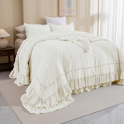 Masaca Oversized King Comforter 128x120,Farmhouse Shabby Boho Chic Ruffled Bedding Comforter Set,3Pcs Ivory Ruffle Extra Large King Size Comforter Sets French Country Rustic Bedding Set Ultra Soft