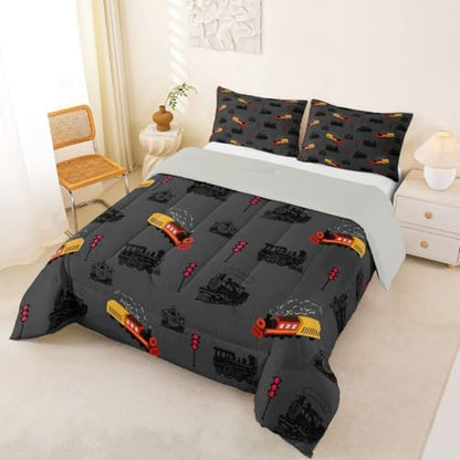 Feelyou Vintage Retro Train Comforter Set King Size Steam Locomotive Down Bedding Set for Kids Boys Girls Transportation Vehicles Duvet Quilt Bedroom Decor Microfiber 3 Pcs with 2 Pillow Cases