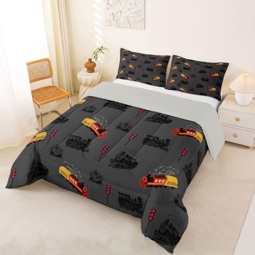 Feelyou Vintage Retro Train Comforter Set Full Size Steam Locomotive Down Bedding Set for Kids Boys Girls Transportation Vehicles Duvet Quilt Bedroom Decor Microfiber 3 Pcs with 2 Pillow Cases