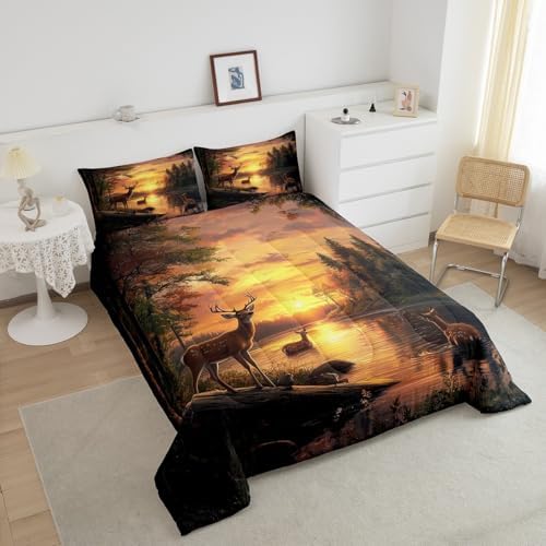 Feelyou Deer Comforter Sets Toddler Size for Boys Kids Teens,Wild Animal Bedding Sets Hunting Comforter Sets Woodland Moose Wildlife Forest Bed Set, with 1 Comforter 1 Pillowcase