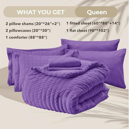 HYMOKEGE Bright Purple Queen Comforter Set Seersucker 7 Pieces, All Season Luxury Bed in a Bag Queen for Bedroom, Bedding Set with Comforter, Sheets, Pillowcases & Shams