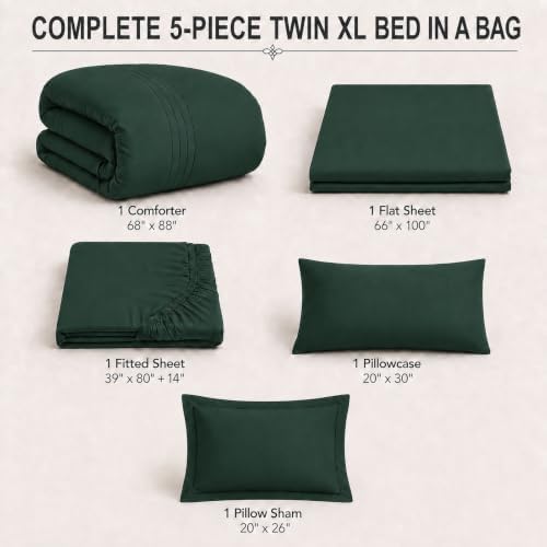 Twin XL Comforter Set Emerald Green, 5 Pieces Bed in a Bag