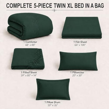 Twin XL Comforter Set Emerald Green, 5 Pieces Bed in a Bag