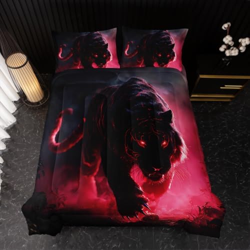 Nttopship Tiger Comforter Set 3pcs Queen Size，Black Tiger Bedding Set